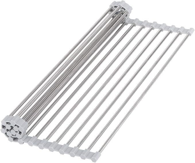 Hhyn Roll-Up Sink Drying Rack 17.7"(L) x 13.8"(W), Gray | Multipurpose Heat Resistant Over The Stainless Steel & Silicone Dish Rollable Kitchen Drainer by Hhyn