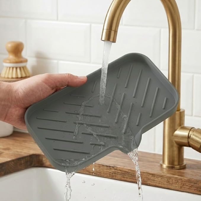MicoYang Silicone Soap Dish with Drain Spout — Self-Draining Sink Organizer Tray for Bathroom & Kitchen, Sponges, Dispensers & Soap Holder, Non-Slip & Dishwasher Safe, Grey (Medium, 9.6"×5.3") - Image 9