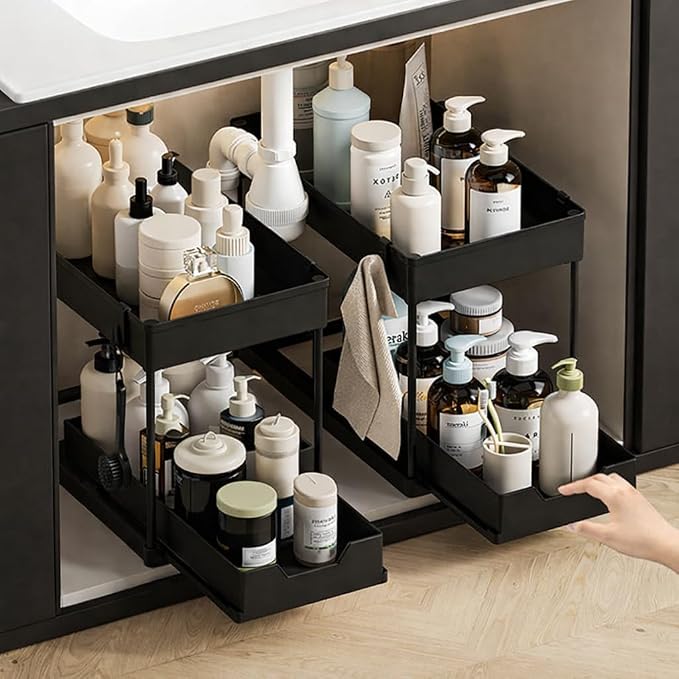 Success Goods 2 Pack Under Sink Organizer with Pull Out Drawer – Double Tier Sliding Storage Rack for Kitchen & Bathroom, Cabinet Organizer for Cleaning Supplies (Black) by Unknown