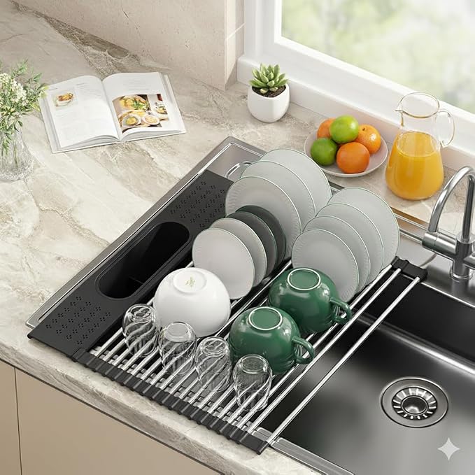 Roll Up Dish Drying Rack Over Sink, 20" X 15.2" Foldable SUS304 Stainless Steel Kitchen Dish Drainer, Heat-Resistant Multipurpose Rolling Sink Rack Organizer, Black - Image 3
