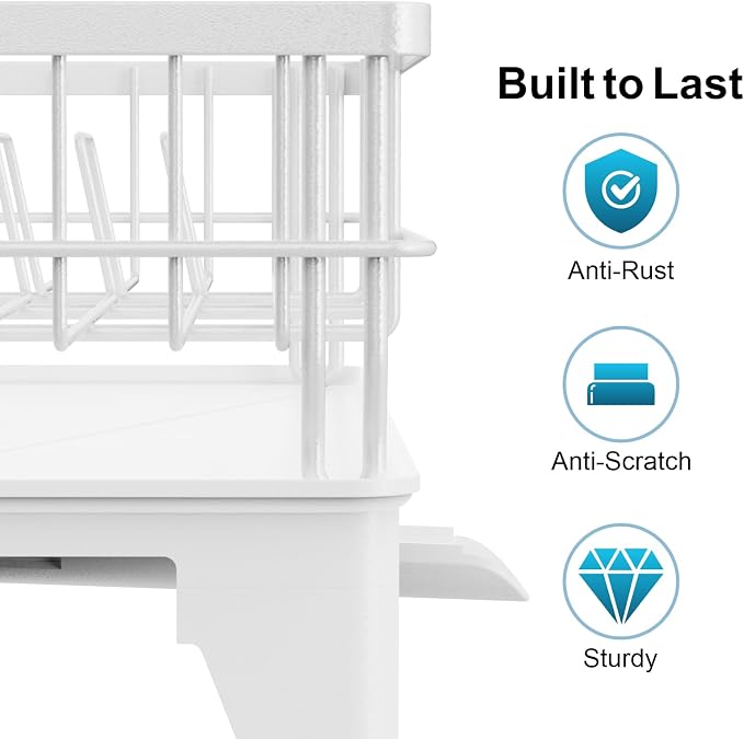 Expandable Dish Drying Rack - Countertop with Sink Extension, White | 12.6"-22.4" Adjustable Length, Extra Drying Space, Auto-Drain Spout, Large-Capacity, Removable Utensil Holder, Rust-Resistant - Image 7