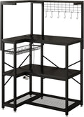 4-Tier L-Shaped Baker's Rack with Power Outlet,Corner Coffee Bar,Black | Kitchen Appliance Storage, Pull Out Basket, 6 Hooks and Flexible Installation Options for Kitchen, Balcony, Living Room by METYERRY