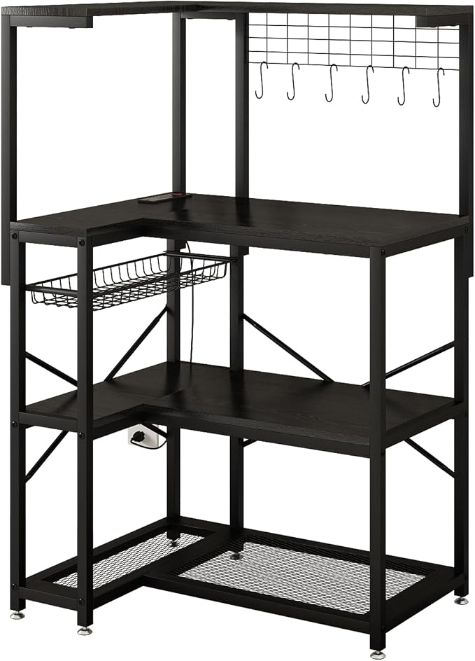 4-Tier L-Shaped Baker's Rack with Power Outlet,Corner Coffee Bar,Black | Kitchen Appliance Storage, Pull Out Basket, 6 Hooks and Flexible Installation Options for Kitchen, Balcony, Living Room by METYERRY