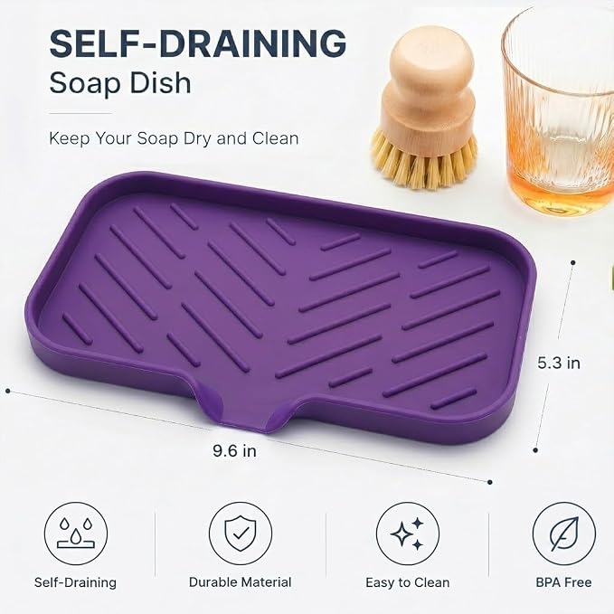 MicoYang Silicone Soap Dish with Drain Spout — Self-Draining Sink Organizer Tray for Bathroom & Kitchen, Sponges, Dispensers & Soap Holder, Non-Slip & Dishwasher Safe, Purple (Medium, 9.6"×5.3") - Image 2