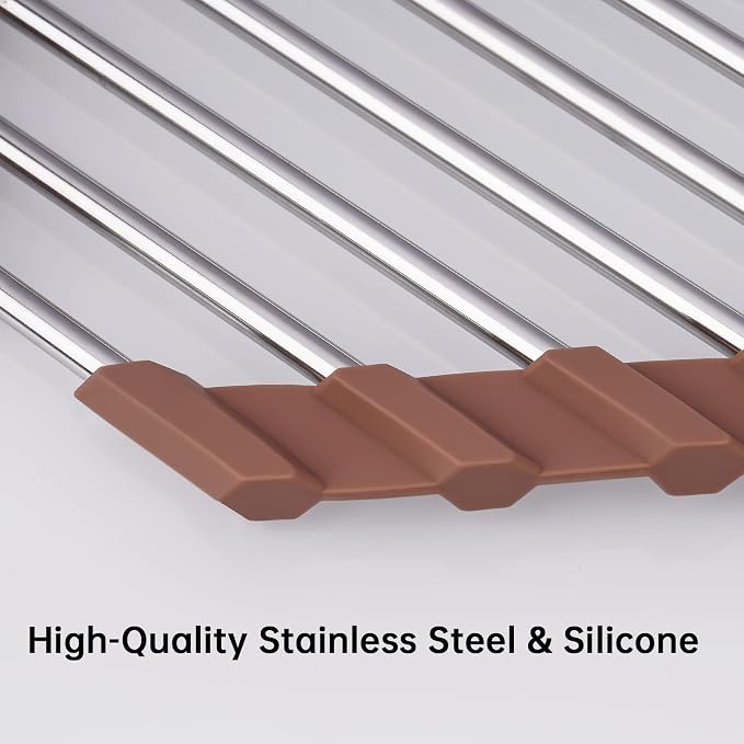 Tomorotec Triangle Roll-Up Dish Drying Rack for Sink Corner Small Foldable Stainless Steel Over The Sink Multipurpose Kitchen Drainer Caddy Trivet Rustproof Storage Shelf (Chocolate Brown) | BPA-Free Food-Grade Silicone Edges Foldable Waterproof Rustpr... - Image 2