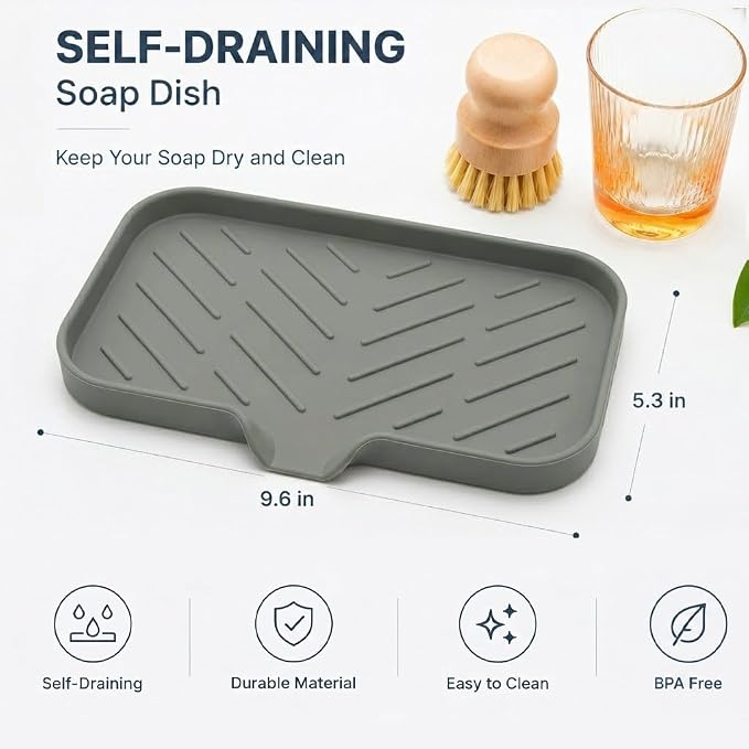 MicoYang Silicone Soap Dish with Drain Spout — Self-Draining Sink Organizer Tray for Bathroom & Kitchen, Sponges, Dispensers & Soap Holder, Non-Slip & Dishwasher Safe, Grey (Medium, 9.6"×5.3") - Image 2