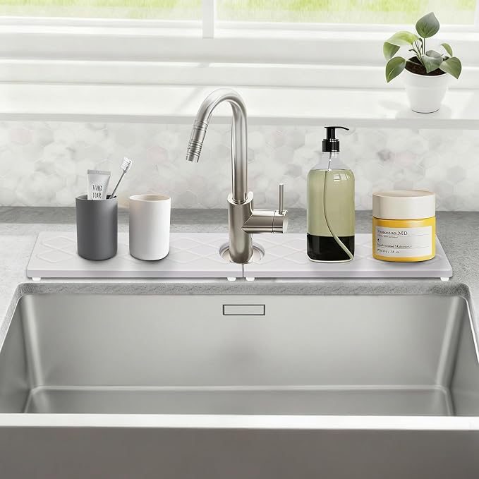 Stone Faucet Mat for Kitchen Sink, Diatomite Drying Stone Tray Sink Protector, Water-Absorbing Splash Guard, 2 Pieces Faucet Mat Together with Sandpaper, Prevent Moisture on Kitchen Bathroom Counter - Image 2