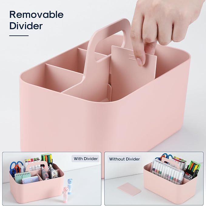 Multiuse Caddy Organizer with Handle, Portable Divided Plastic Tote Bin - Art Craft, Stationary Pen Marker Crayons, Makeup Hair Supplies Storage - Bathroom, Classroom, Dorm, Office, Desk Holder - Pink - Image 6