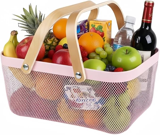Portable Mesh Harvest Basket - Natural Bamboo Handle Foldable Organizer for Kitchen, Garden & Picnic | Ventilated Storage Bin with Rust-Proof Wire, Space-Saving Farmhouse Decor (Pink) by Ymeibe