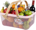 Portable Mesh Harvest Basket - Natural Bamboo Handle Foldable Organizer for Kitchen, Garden & Picnic | Ventilated Storage Bin with Rust-Proof Wire, Space-Saving Farmhouse Decor (Pink) by Ymeibe