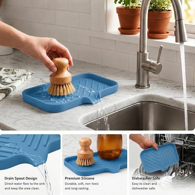 MicoYang Silicone Soap Dish with Drain Spout — Self-Draining Sink Organizer Tray for Bathroom & Kitchen, Sponges, Dispensers & Soap Holder, Non-Slip & Dishwasher Safe, Lichen Blue (Medium, 9.6"×5.3") - Image 5