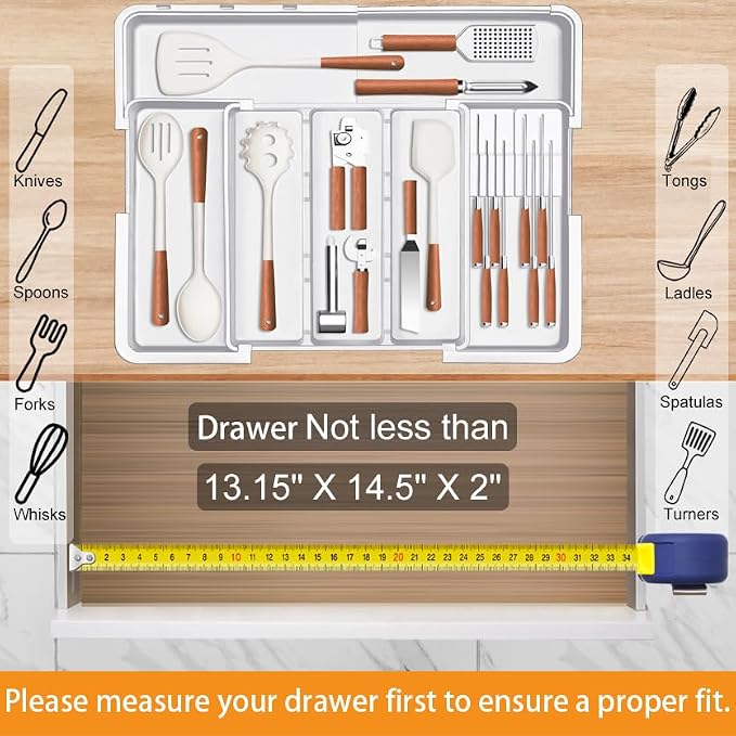 Homecor Kitchen Drawer Organizer Large Expandable Silverware Organizer, Utensil Holder and Flatware Tray, Kitchen Spatula Tools and Gadgets Storage with Removable Knife Blocks and 3 Dividers, White - Image 6