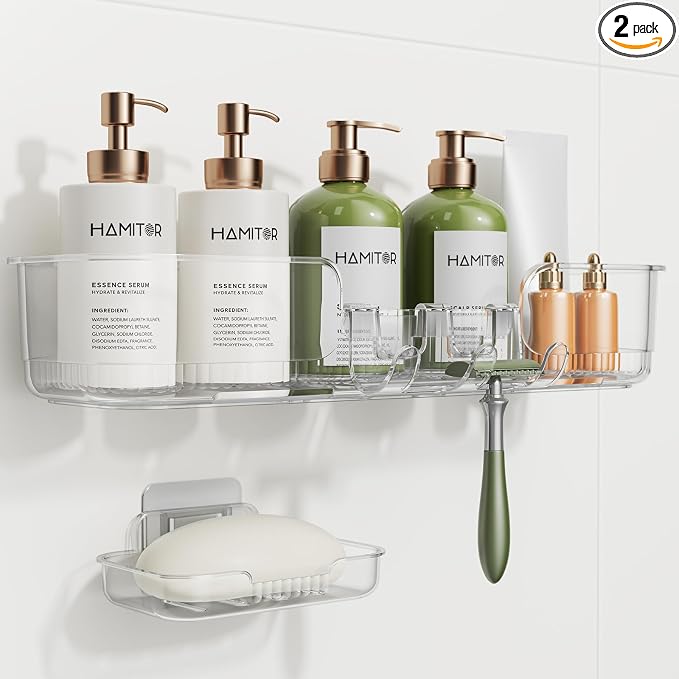 HAMITOR 2 Pack Adhesive Shower Caddy, Clear Transparent Shower Organizer | Modern Clear Design, Waterproof Adhesive Setup, Quick Drainage Shelves, Perfect for Homeowner, Apartments & Stylish Bathrooms by HAMITOR