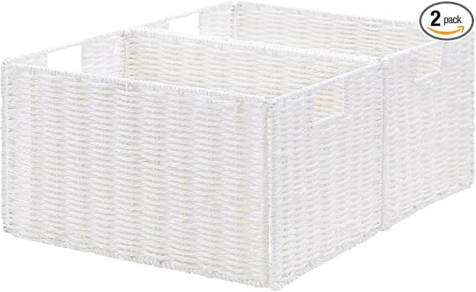Wicker Storage Basket, Set of 2 Hand-Woven Paper Rope Wicker Basket, Small Storage Baskets for Organizing Toilet Paper Basket, Foldable Large Cube Storage Organizer Bins for Shelves (White) by Vagusicc