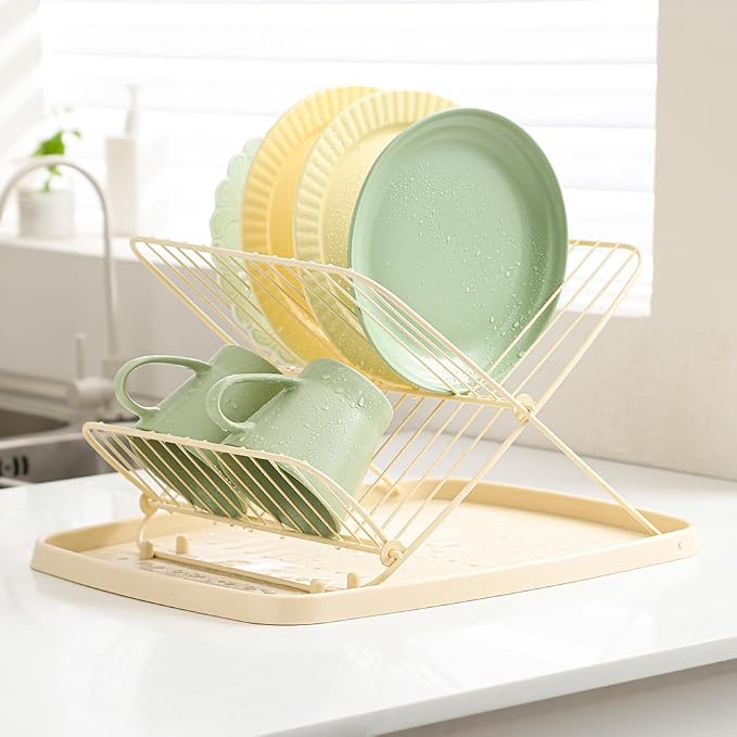 Folding Dish Drying Rack with Drip Tray with Drip Tray, 2 Tiers | Collapsible Dish Drainer, Large Capacity, Adjustable Expandable Wire Construction, For Kitchen Counter Easy Assembly, Cream - Image 2