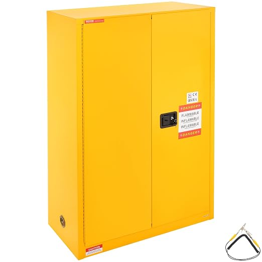 VEVOR Flammable Cabinet, 45 Gal, 18" x 43" x 65", Yellow | Cold-Rolled Steel, Explosion Proof, 2 Adjustable Shelves, 2 Manual Doors, Industrial Use - Image 9