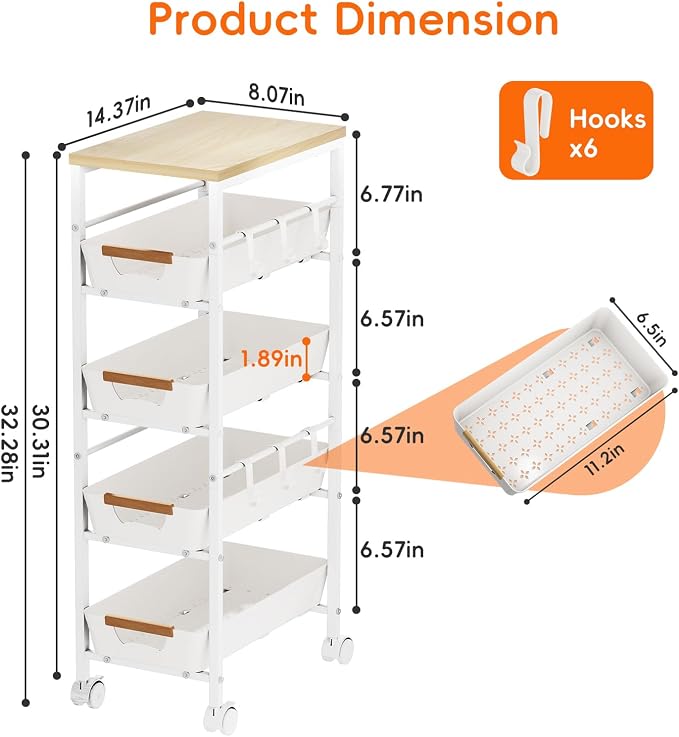 5-Tier Slim Storage Cart, Wooden Top Rolling Kitchen Cart with Pull-Out Baskets & Wheels, Narrow Space Utility Cart Slide Out Organizer for Kitchen, Bathroom, Laundry Room, White - Image 5