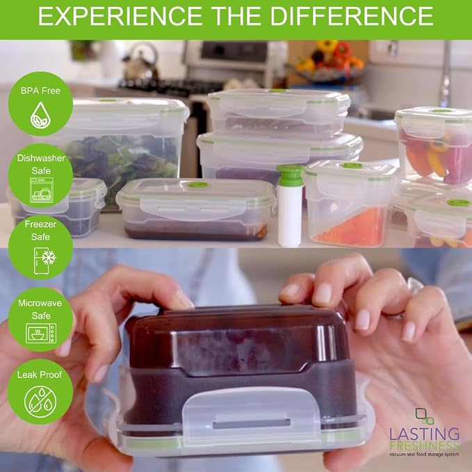 Vacuum Seal Food Storage Containers with Hand Pump – BPA-Free Plastic, Airtight Meal Prep & Leftovers Containers, Keep Food Fresh 5X Longer, 19-Piece Set - Image 4