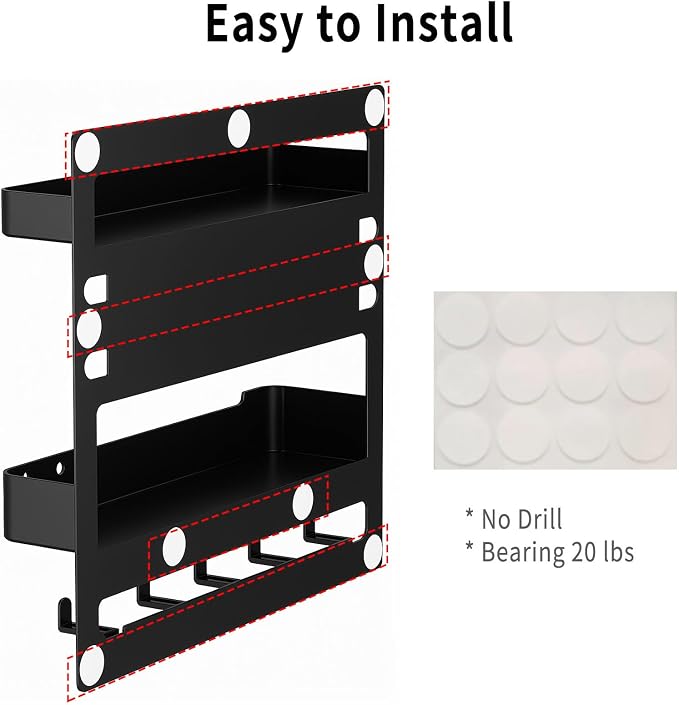 Wall Mount Bedside Shelf with Hooks, Adhesive Bedroom Organizer Storage for Phone, Remote, Kindle, Earphone, Dorm Room, RV, Office – Plastic Storage Rack (White) - Image 6