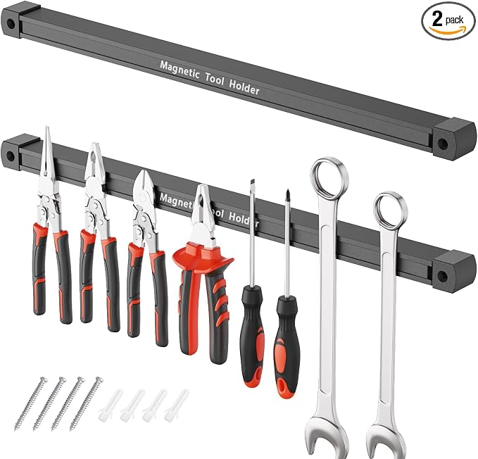 17 Inch Double Sided Magnetic Tool Holder, Heavy Duty Wall Mount Bar with Extra Strong Magnets for Screwdrivers Wrenches Pliers, Magnetic Tool Strips for Garage Workshop or Jobsite (2 Pack) by Unknown