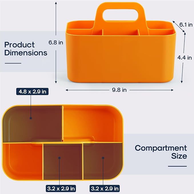 Multiuse Caddy Organizer with Handle, Portable Divided Plastic Tote Bin - Art Craft, Stationary Pen Marker Crayon, Makeup Hair Supplies Storage - Bathroom, Classroom, Dorm, Office, Desk Holder -Orange - Image 5
