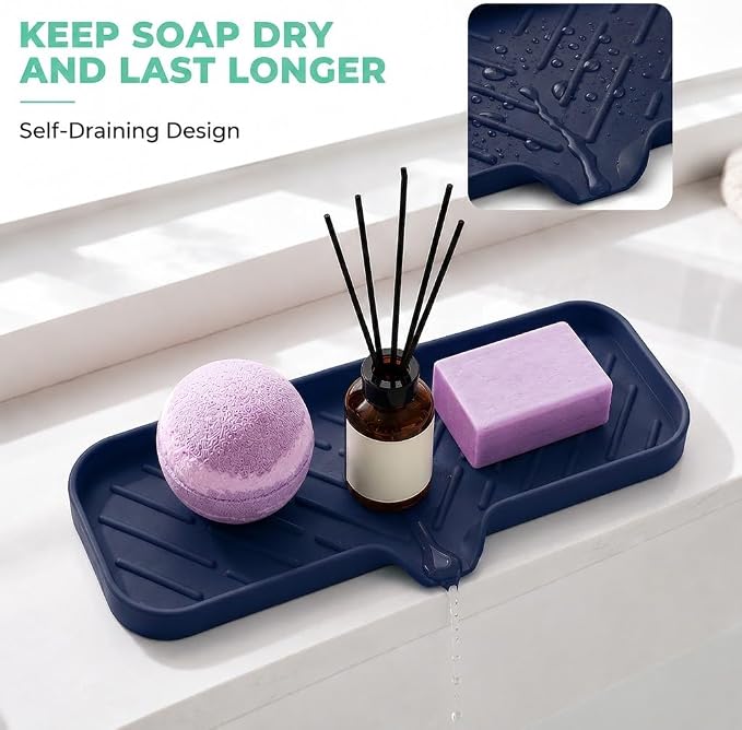 MicoYang Silicone Soap Dish with Drain Spout — Self-Draining Double Sink Organizer Tray for Kitchen & Bathroom, Dispensers, Sponges & Soap Holder, Non-Slip & Dishwasher Safe, Navy Blue (Large, 12"×4") - Image 7