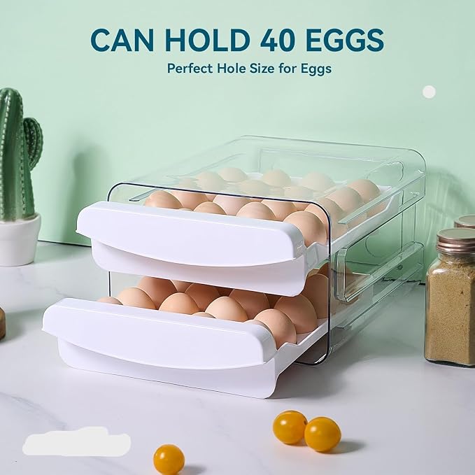 SYLAB Egg Holder for Refrigerator - 32 Eggs Capacity, 2-Tier Stackable Auto-Rolling Egg Container with Drawer & Handles - Clear BPA-Free Egg Storage Organizer for Fridge, Kitchen Countertop & Pantry - Image 8