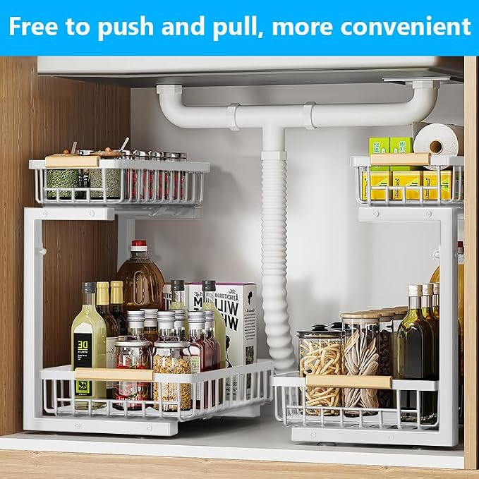 Merrylun Under Sink Organizers,5 Adjustable Height，Metal Pull Out Under Sink Organizers and Storage Shelves with Sliding Drawer, White 1pack（Hight 13.6″-16.9″） - Image 2