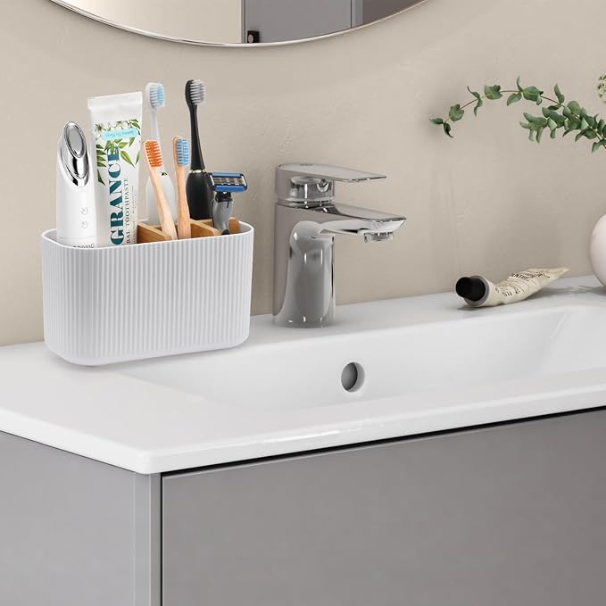 GFWARE White Toothbrush Holder, 5 Slots Bathroom Storage Organizer | Bamboo Toothbrush Holder, Kids Electric Toothbrush Holder and Toothpaste Storage for Bathroom Sink Organizer - Image 2