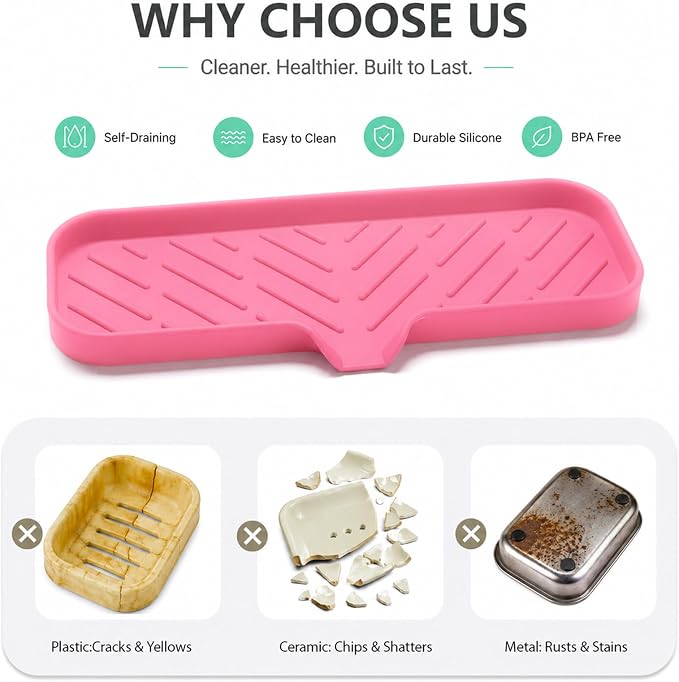 MicoYang Silicone Soap Dish with Drain Spout — Self-Draining Double Sink Organizer Tray for Kitchen & Bathroom, Dispensers, Sponges & Soap Holder, Non-Slip & Dishwasher Safe, Rose (Large, 12"×4") - Image 3