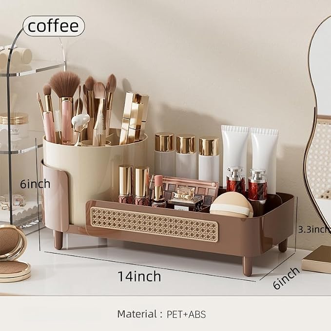 Booklov Rotating Makeup Organizer for Vanity Countertop, Coffee | Plastic Cosmetic Display Case, Large Beauty Brush Holder for Bathroom Counter, Skin Care Perfumes Storage - Image 2