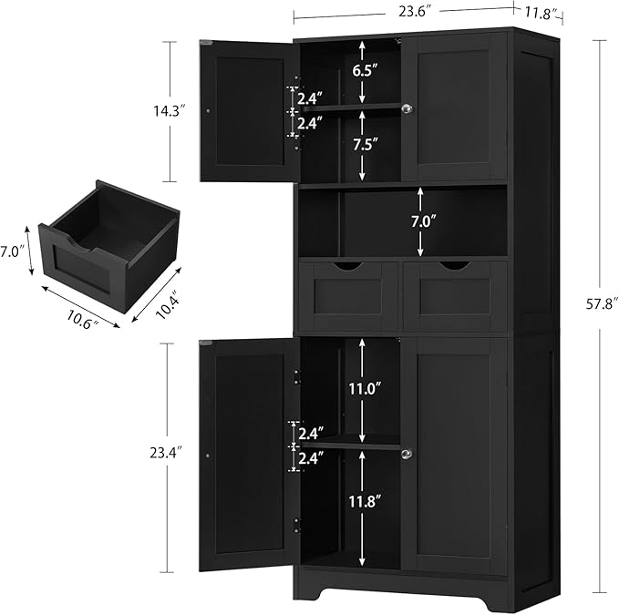Iwell 57.8" H Tall Storage Cabinet with 2 Drawers & 2 Adjustable Shelves, Kitchen Cabinet with 4 Doors, Tall Cabinet for Living Room, Dining Room, Entryway, Black - Image 3