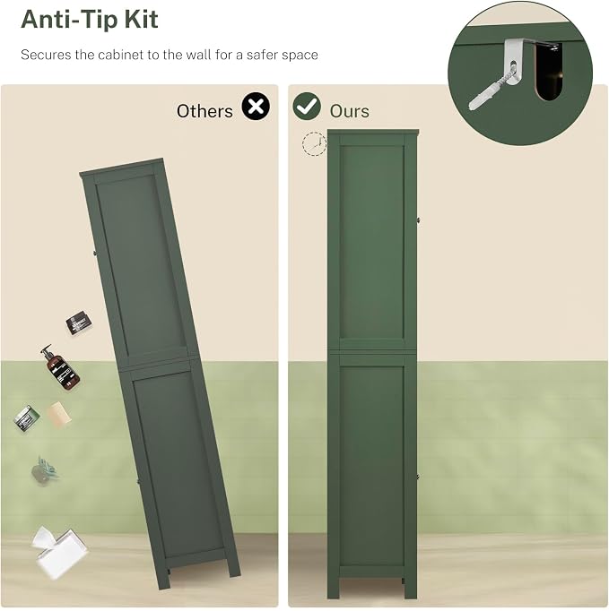 67" Tall Bathroom Cabinet with Adjustable Shelves and Doors, Narrow Bathroom Storage Cabinet for Small Space, Living Room, Entryway, Kitchen, Green - Image 9