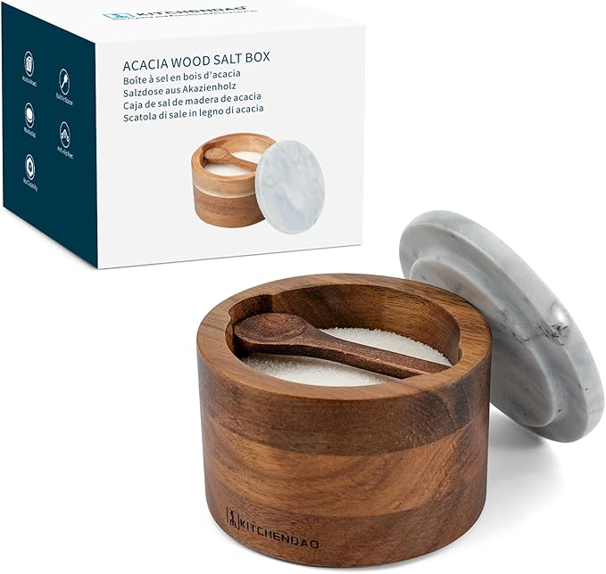 KITCHENDAO Acacia Salt Cellar Box Bowl with Built-in Spoon and Marble Lid, Solid Natural Acacia Wood Bath Sea Salt Container, Elegant Modern Grey and White Marble Lid Spice Bowl, 6oz Capacity by KITCHENDAO