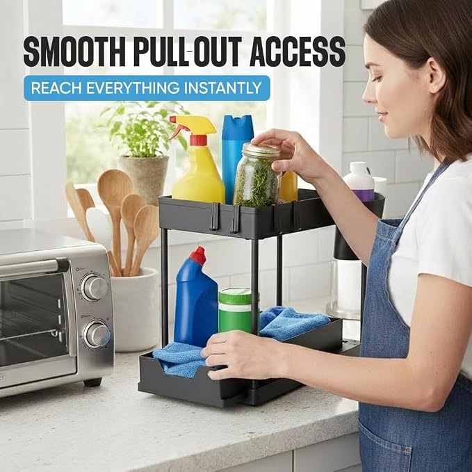 Undersink Organizer, 2-Tier Under Sink Storage Rack with Sliding Drawers for Kitchen Bathroom Cabinets, Pull Out Organizer for Pantry, Laundry Room & Closet Organization - 2 Pack, Black - Image 3