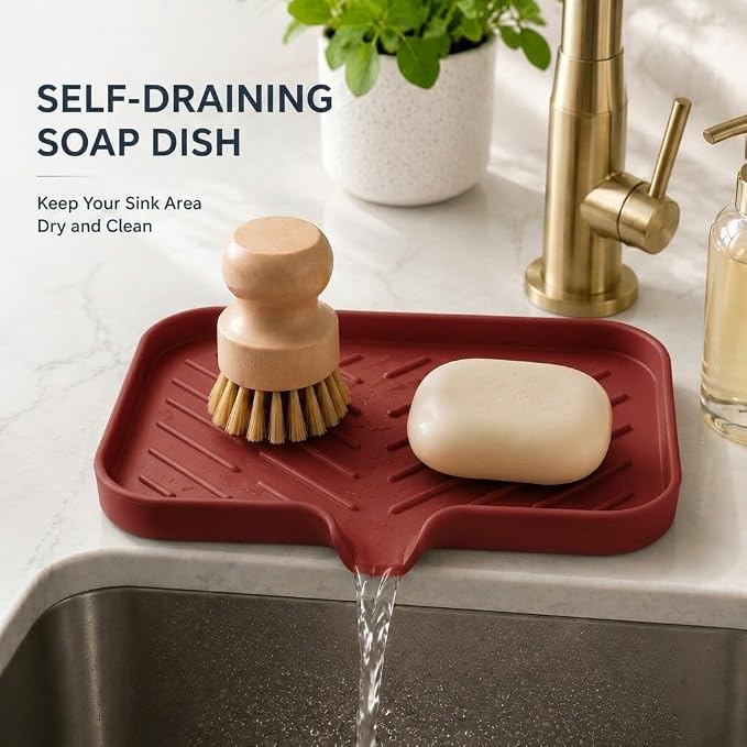 MicoYang Silicone Soap Dish with Drain Spout — Self-Draining Sink Organizer Tray for Bathroom & Kitchen, Sponges, Dispensers & Soap Holder, Non-Slip & Dishwasher Safe, Red (Medium, 9.6"×5.3") - Image 7
