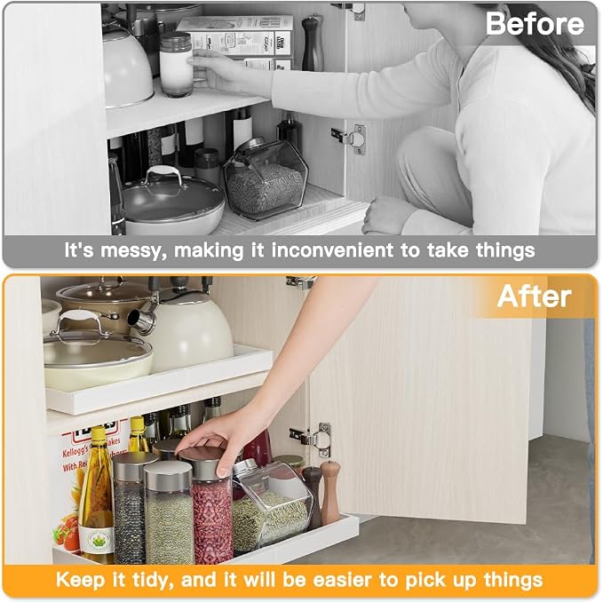 2 Pack Pull Out Cabinet Organizer Expandable(12"-20") Slide Out Drawer | 21" Deep Heavy Duty Slide out Drawers Fixed with 3 Slide Rails, Roll out Shelves For Kitchen, Bathroom, Pantry Storage, White - Image 3