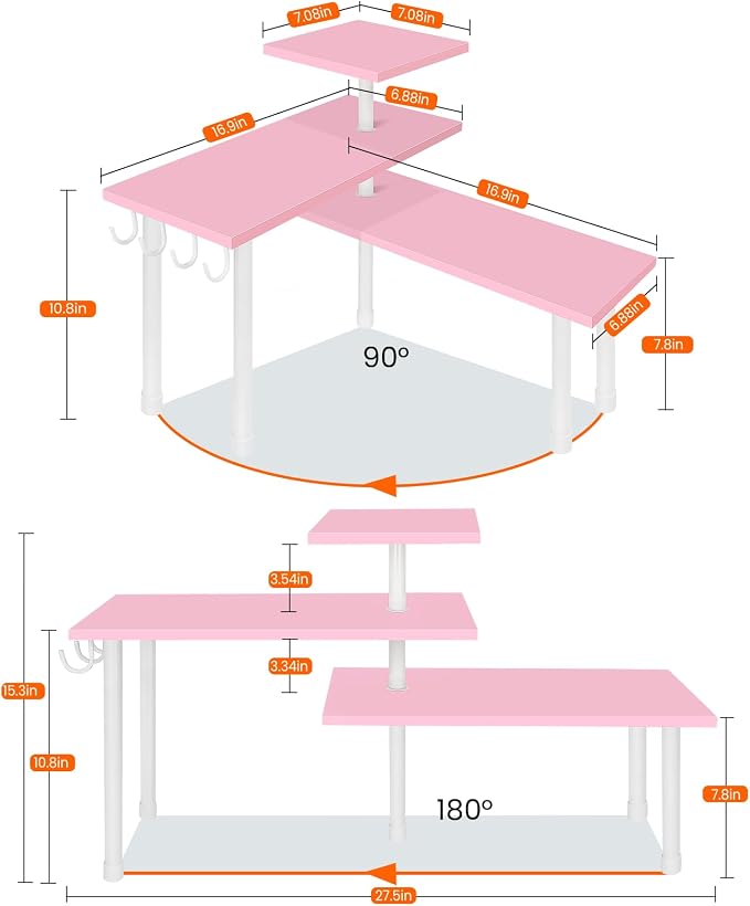 3-Tier Counter Organizer Shelf for Bathroom, Corner Shelf for Countertop, Over Sink, Make Up, Dresser Table, Desktop - Pink - Image 2