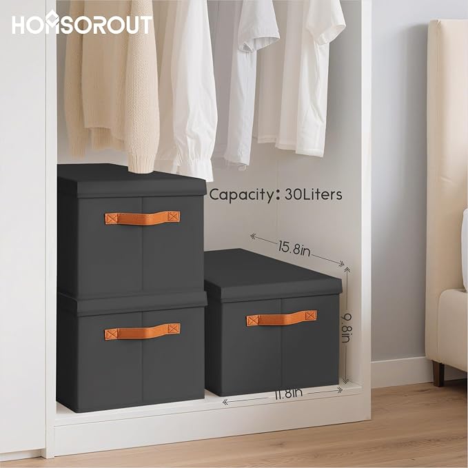 Storage Bins with Lids - Large Fabric Closet Bins with Lid, 5 Pack Clothes Organizers and Storage, Collapsible Stackable Cube Basket for Home, Office, Dorm, Black - Image 7
