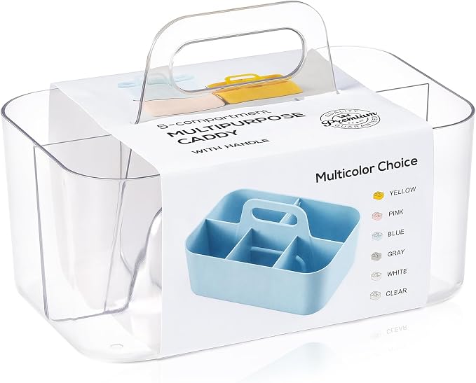 Multiuse Caddy Organizer with Handle, Portable Divided Plastic Tote Bin - Art Craft, Stationary Pen Marker Crayons, Makeup Hair Supplies Storage - Bathroom, Classroom, Dorm, Office, Desk Holder -Clear - Image 8