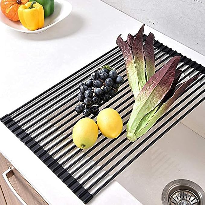 Ahyuan Large Roll up Dish Drying Rack Foldable Dish Rack Over Sink Dish Drainer Roll-up Sink Drying Rack Full Silicone Coated Stainless Still Dish Drying Rack (Matte Black, 20.5''X13.13'') by Ahyuan