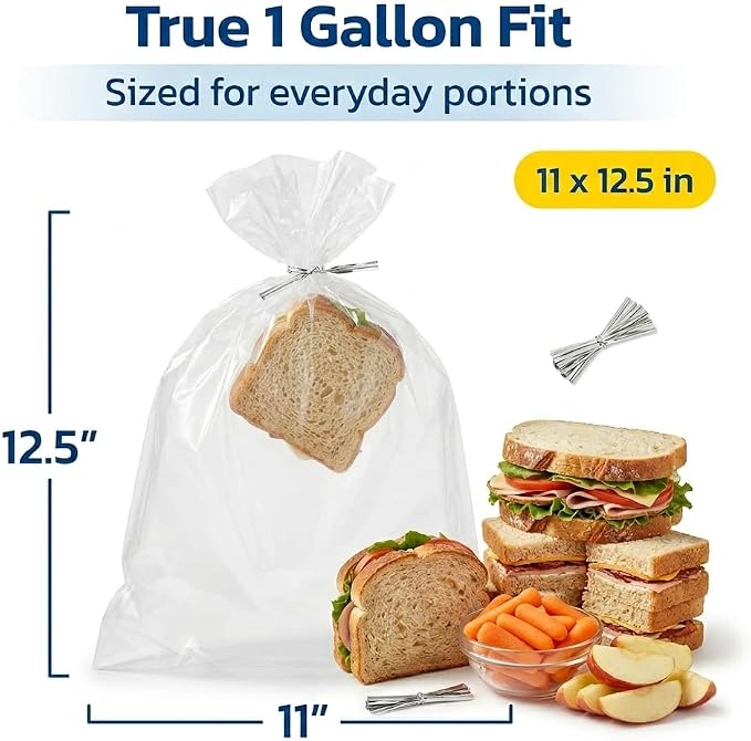 1 Gallon Storage Bags with Twist Ties, 300 Count - Clear Plastic Food Storage Bags for Sandwiches, Snacks, Fruit, Produce & Freezer (Pack of 3) - Image 5