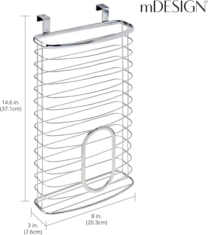 mDesign Steel Hanging Cabinet Storage Organizer Holder for Kitchen, Pantry - Holds Plastic, Sandwich, Garbage, Grocery and Trash Bags; Wrap, Foil, Pack - Spira Collection - Chrome - Image 4