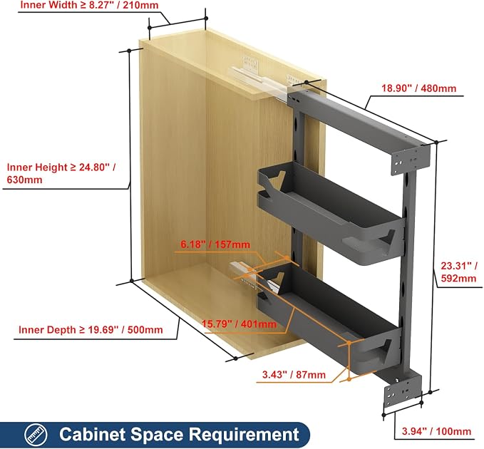 VADANIA Narrow Pull Out Cabinet Organizer, For 10" Base Cabinets | 2-Tier Slim Cabinet Storage with Solid Metal Trays, Soft Close Full-Extension Slides, Reversible Left or Right Side Mount - Image 4