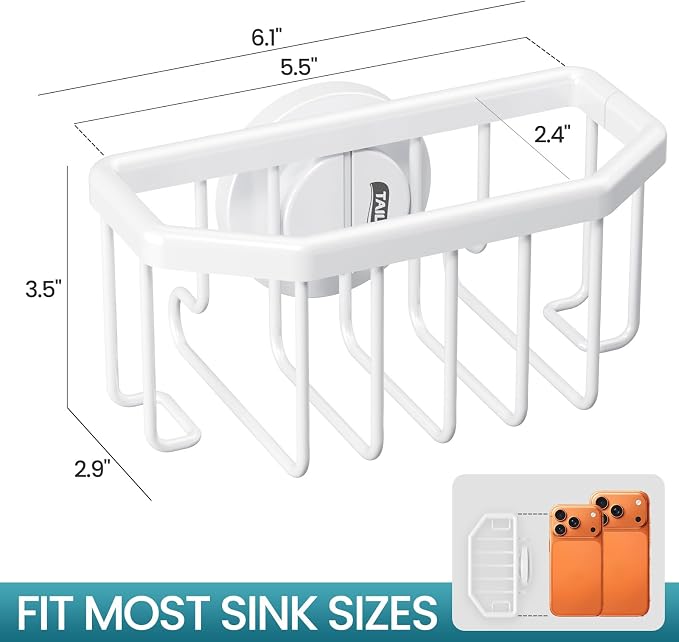 TAILI Sponge Holder for Kitchen Sink with Suction Cup-White, Aluminum | Rustproof Aluminum Sink Caddy for Sponges,Brushes,Stoppers & Scrapers,Removable Ventilated Quick-dry Design, holds Up 11lbs - Image 3