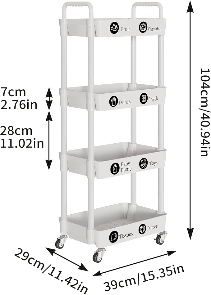 Laiensia 4-Tier Storage Carts,Multifunction Utility Rolling Cart Kitchen Storage Organizer,Mobile Shelving Unit Cart with Lockable Wheels for Bathroom,Laundry,Living Room,With Classified Sticker,White - Image 7