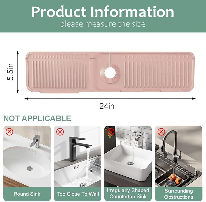 24 Inch Upgraded Draining Mat Folding faucet Mat for Bathroom Sink Splash Guard 7° Slope with Button Lock Water Draining Pad for Kitchen Bathroom Bar(Pink) - Image 2