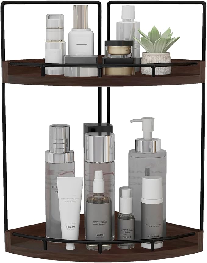 Dorhors Corner Bathroom Counter Organizer,Vanity Countertop Storage Shelf | 2-Tier Walnut Rack Holder for Skincare,Perfume,Makeup,Lotion,Wood Sink Tray Stand for Kitchen,Restroom,Dresser by Dorhors