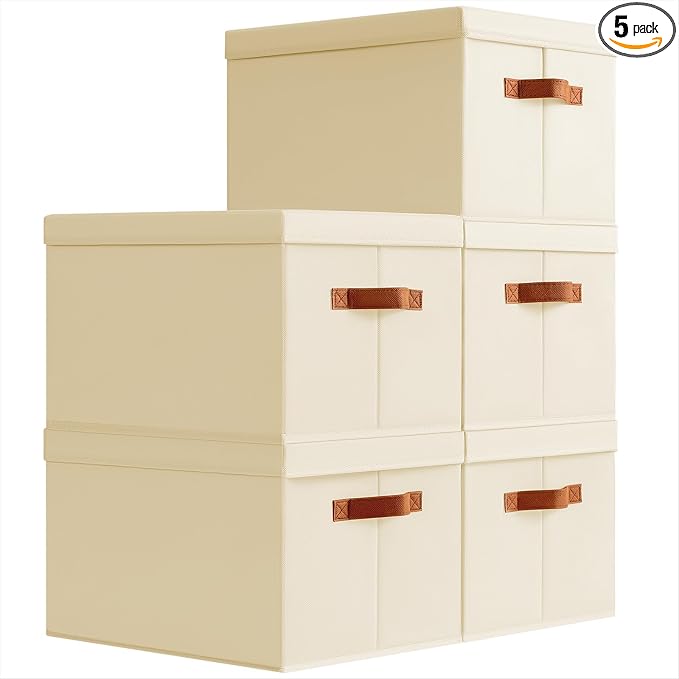 Storage Bins with Lids - Large Fabric Closet Bins with Lid, 5 Pack Clothes Organizers and Storage, Collapsible Stackable Cube Basket for Home, Office, Dorm, Beige by Homsorout