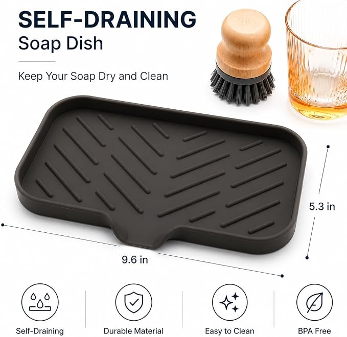 MicoYang Silicone Soap Dish with Drain Spout — Self-Draining Sink Organizer Tray for Bathroom & Kitchen, Sponges, Dispensers & Soap Holder, Non-Slip & Dishwasher Safe, Coffee (Medium, 9.6"×5.3") - Image 2